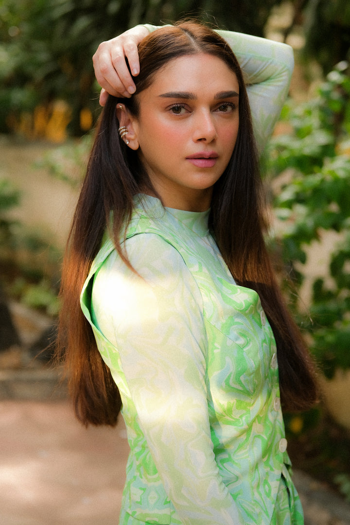 Aditi Rao Hydari Wearing Spaced Out - High Neck Mesh Bodysuit - Print-bodysuits - Monokrom
