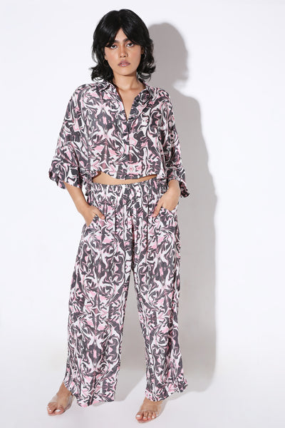Relaxed Fit Crop Shirt And Relaxed Fit Pants Print-Coord Set - Monokrom
