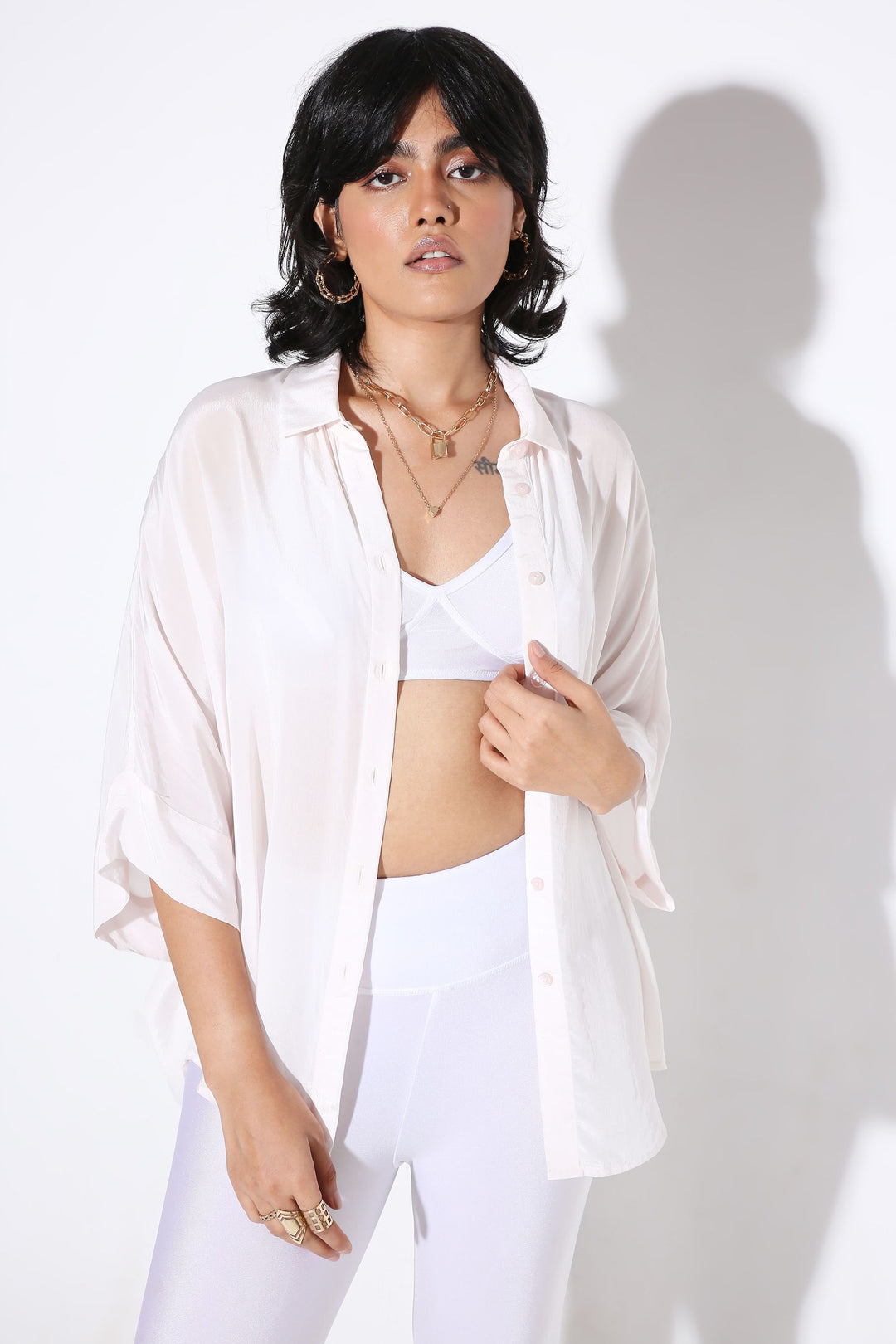 Relaxed fit Long Shirt and Flared Shorts Solid Color-Coord Set - Monokrom