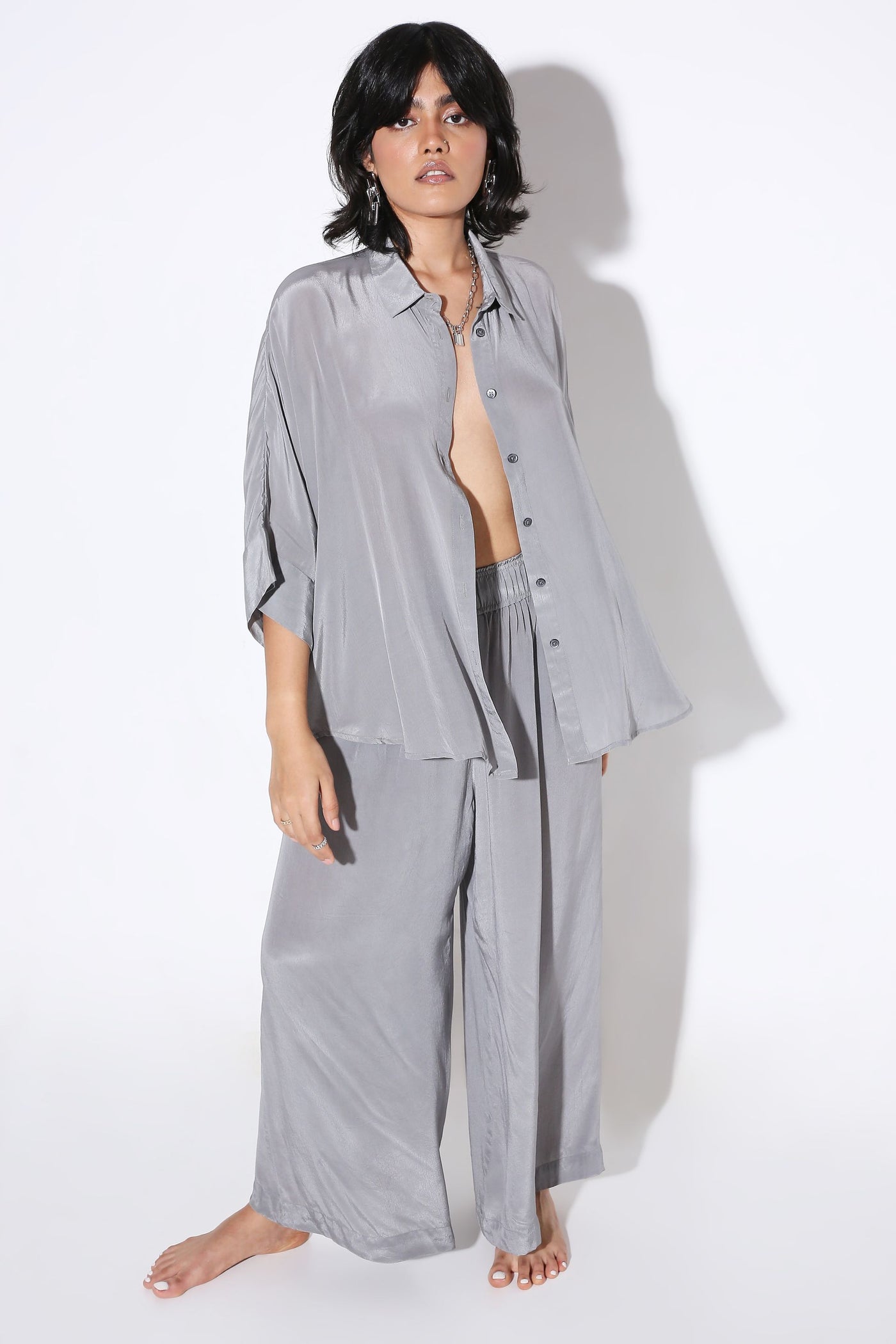 Relaxed fit Long Shirt and Relaxed Fit Pants Solid Color-Coord Set - Monokrom