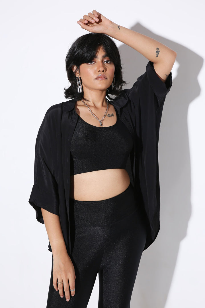 Relaxed fit Long Shirt and Flared Shorts Solid Color-Coord Set - Monokrom