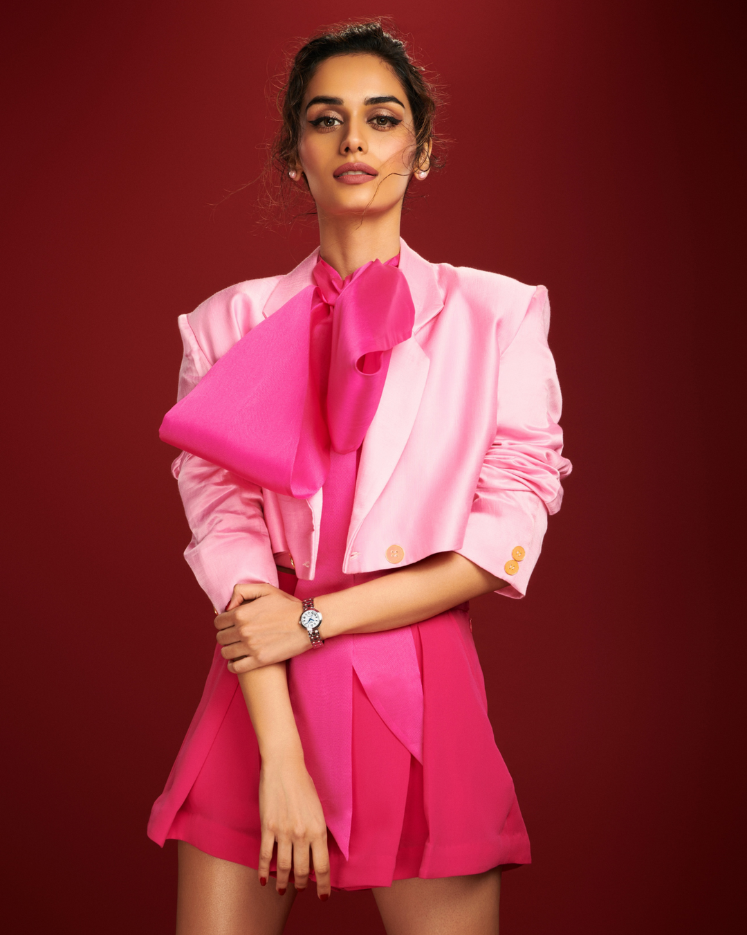 Manushi Chillar Wearing Mini Moxie Cropped Blazer in Barbee Pink - Solid-blazers - Celebrity - Monokrom