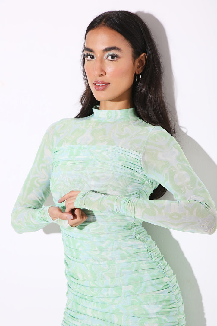 High Neck Mesh Dress - Print-Dresses - Monokrom