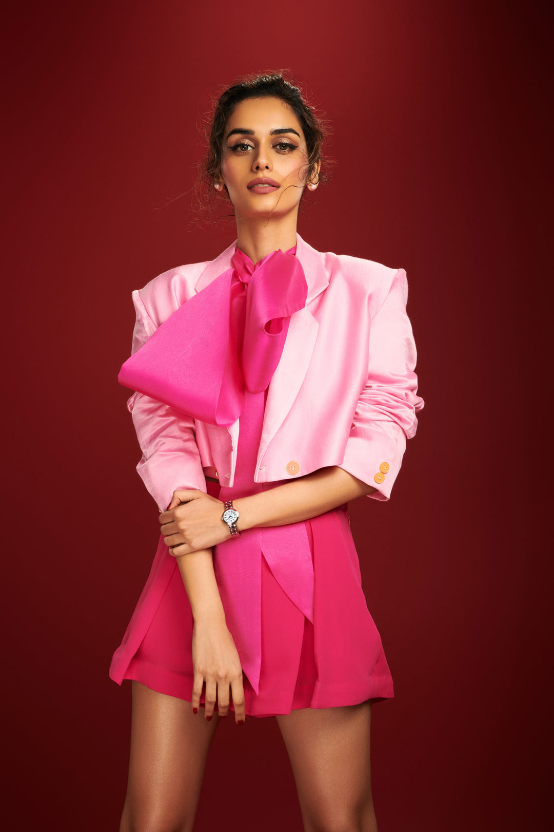 Manushi Chillar Wearing Mini Moxie Cropped Blazer in Barbee Pink - Solid-blazers - Celebrity - Monokrom