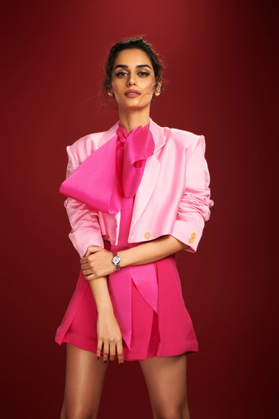 Manushi Chillar Wearing Mini Moxie Cropped Blazer in Barbee Pink - Solid-blazers - Celebrity - Monokrom